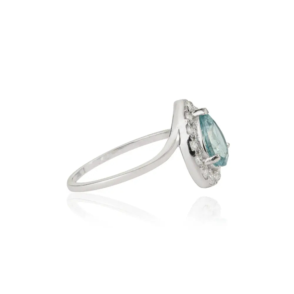 Latest Design Genuine Aquamarine & Diamond Pear Shape Halo Ring 14K Solid White Gold