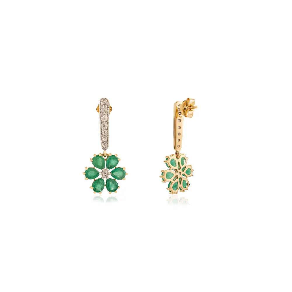 Flower Shape Drop Earrings Featuring In Emerald & Diamond K18 Yellow Gold Designer Jewelry