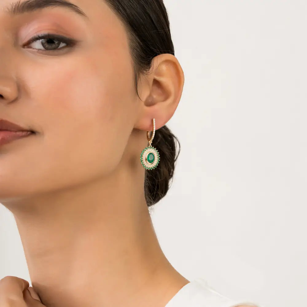 14K Real Yellow Gold 2.12 Ct. Zambian Emerald & Diamond Lever Back Hoop Drop Earrings