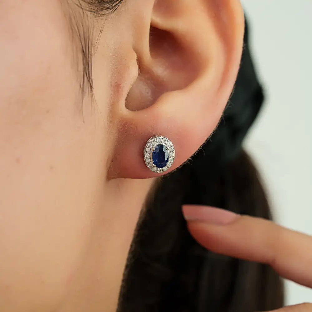 14K White Gold Blue Sapphire & Diamond Curved Shape Convertible Stud to Drop Earrings