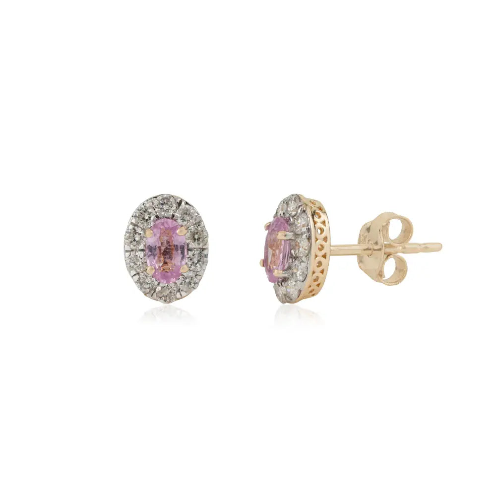 Natural Pink Sapphire & Diamond  Minimal Dainty Halo Stud Earrings K14 Solid Yellow Gold
