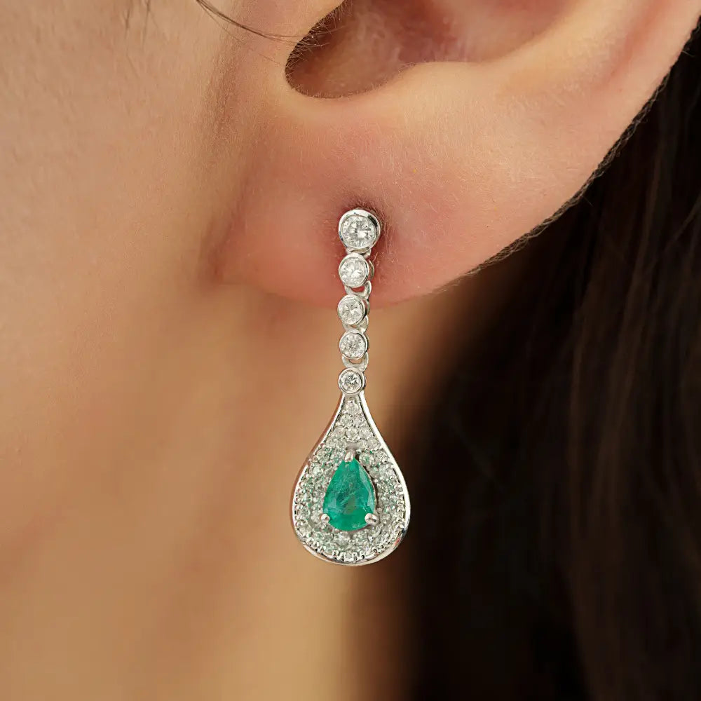 Real K14 White Gold Emerald & Diamond Teardrop Earrings Precious Gemstone Jewelry Supplier