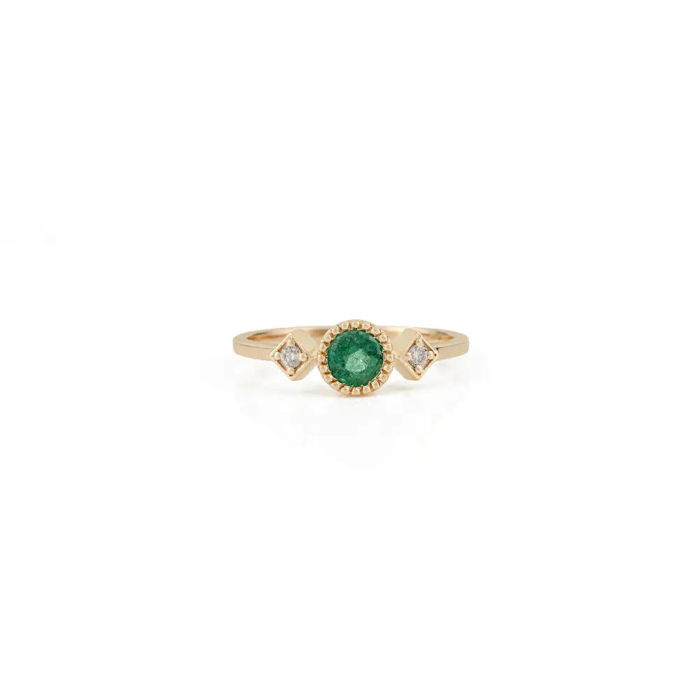 Dainty Emerald & Diamond K14 Pure Yellow Gold Three Stone Ring Stacking Jewelry For Women