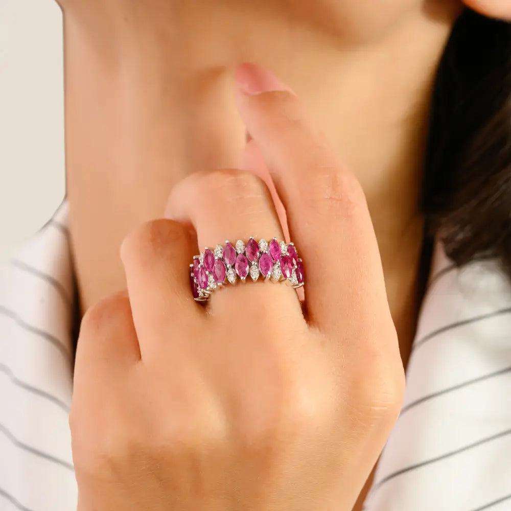 Luxury Genuine Ruby & Diamond Solid 14K White Gold Statement Ring Women Wedding Jewelry