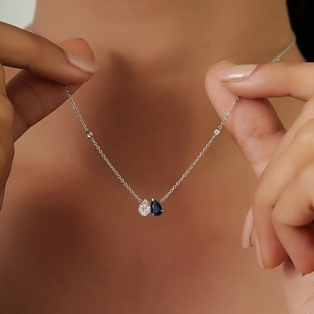 Latest Design Real Blue Sapphire & Diamond Toi et Moi Pendant Necklace K14 White Gold Jewelry