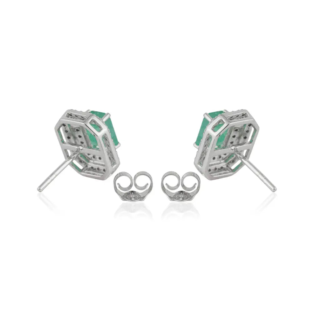6x4mm Emerald & Diamond K14 White Gold Double Cluster Stud Earrings Mother's Day Gift