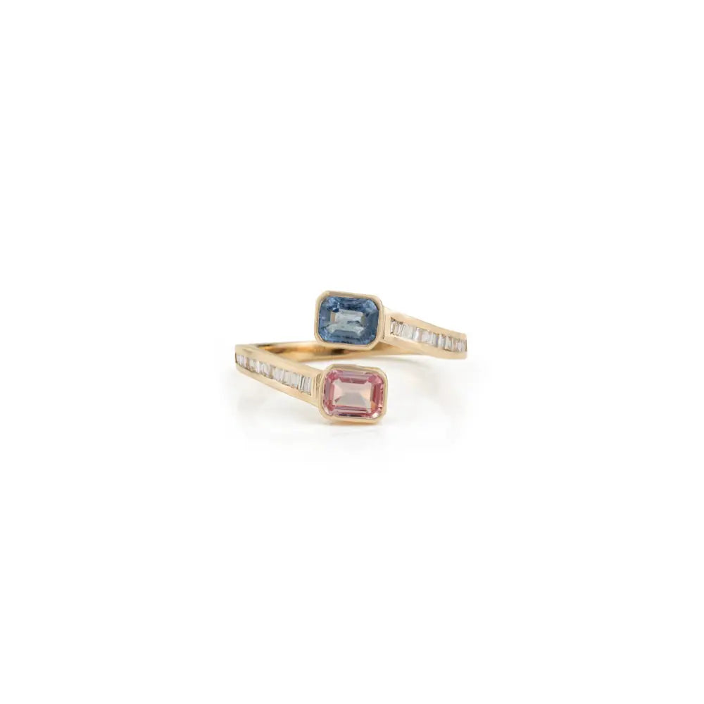 Rainbow Multi Sapphire & Diamond Bypass Ring Birthstone Jewelry 14K Solid Yellow Gold