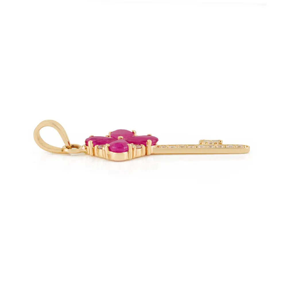 Unique Design 14K Yellow Gold Genuine Ruby & Diamond Key Pendant Customized Jewelry