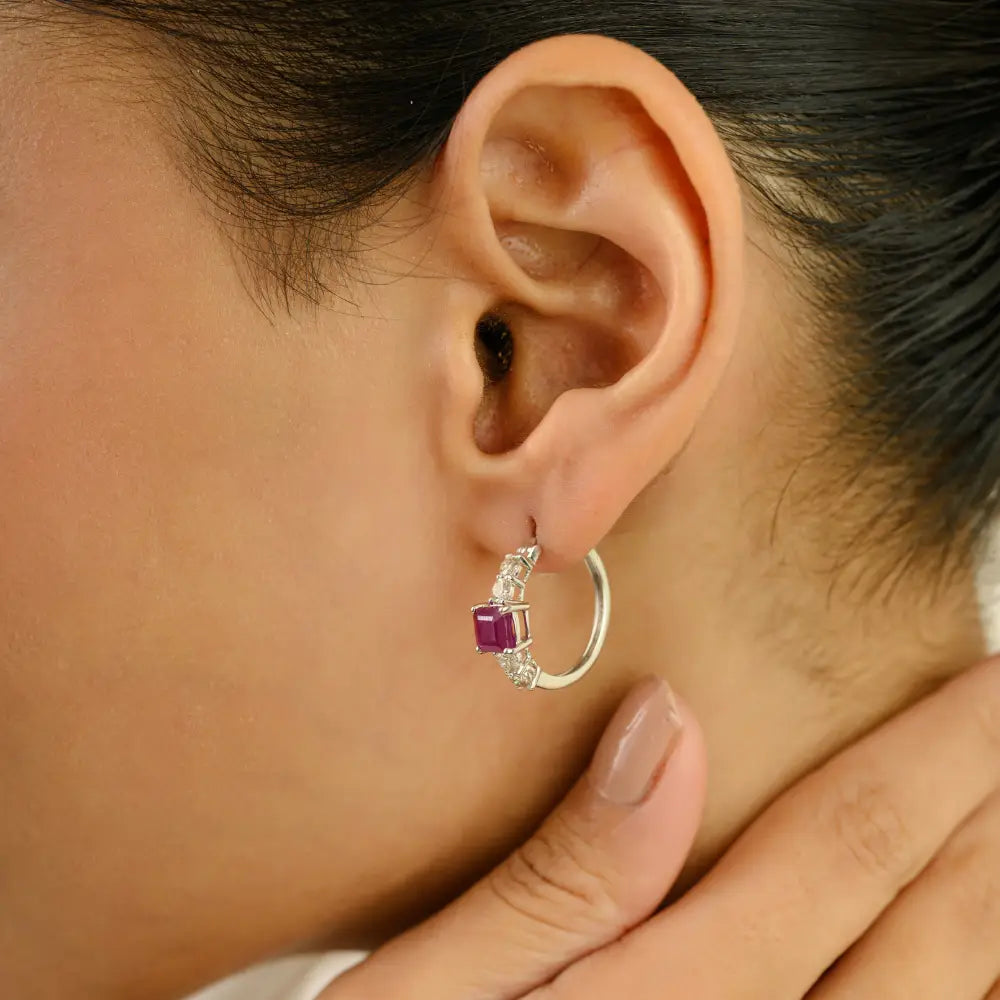 5x5 mm Square Shape Real Ruby & Diamond K18 White Gold Women Hoop Earrings Fine Jewelry