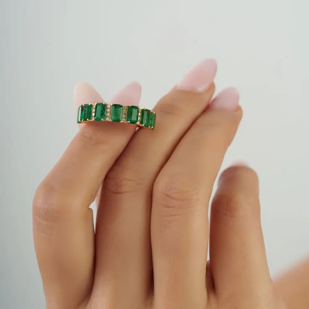 Zambian Emerald & Diamond Fine 18K Yellow Gold Half Eternity Band Ring Precious Jewelry