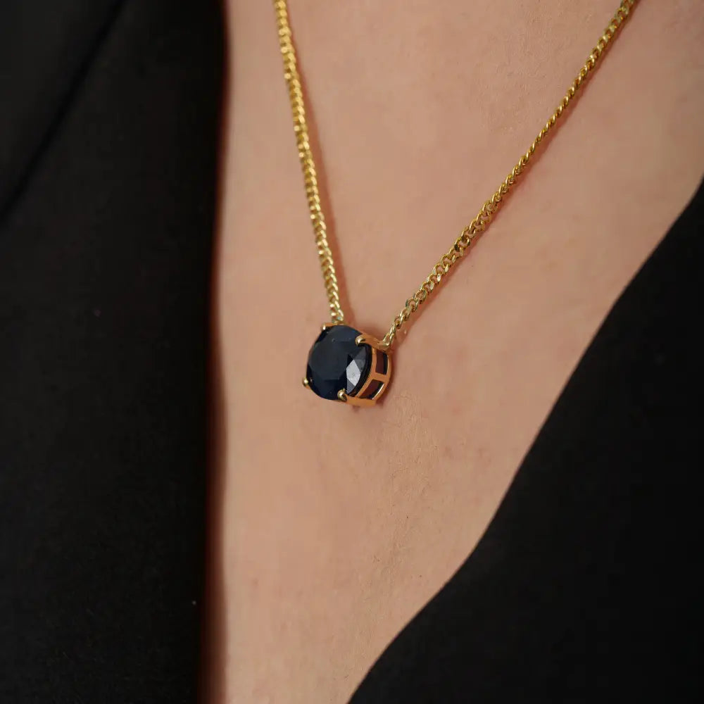 Prong Set Blue Sapphire Miami Cuban Chain Single Stone Pendant Necklace K14 Solid Yellow Gold