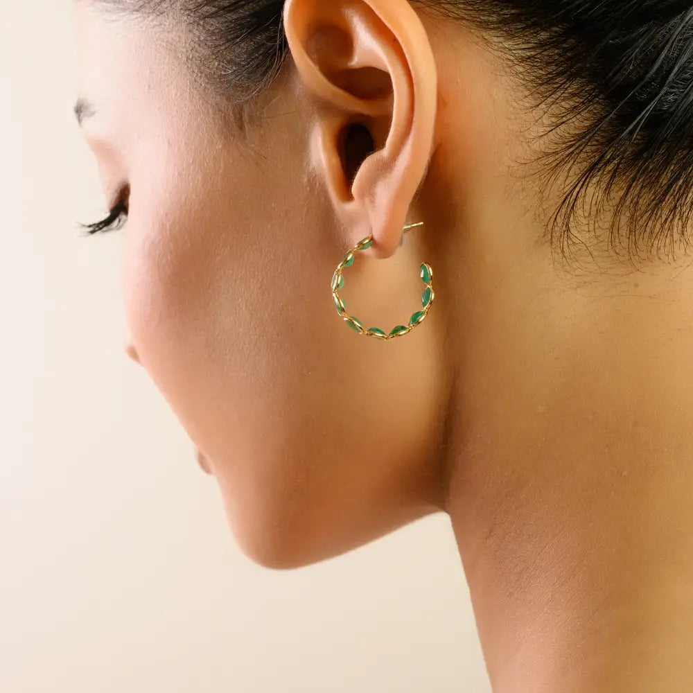 Genuine Emerald Push Back C Hoop Earrings May Birthstone K18 Pure Yellow Gold ODM Jewelry