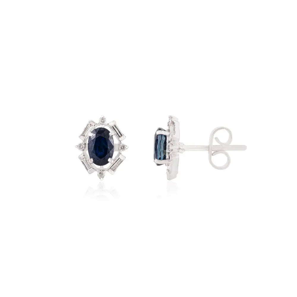 Art Deco Inspired Blue Sapphire & Diamond Halo Stud Earrings 14K Pure White Gold Jewelry