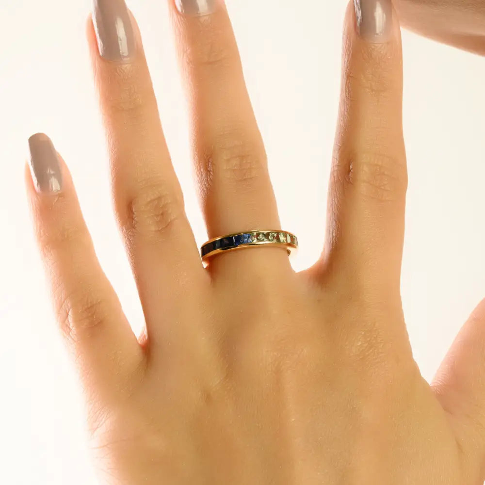 Stunning Square Cut Multi Sapphire Channel Set Full Eternity Band Ring K14 Real Yellow Gold