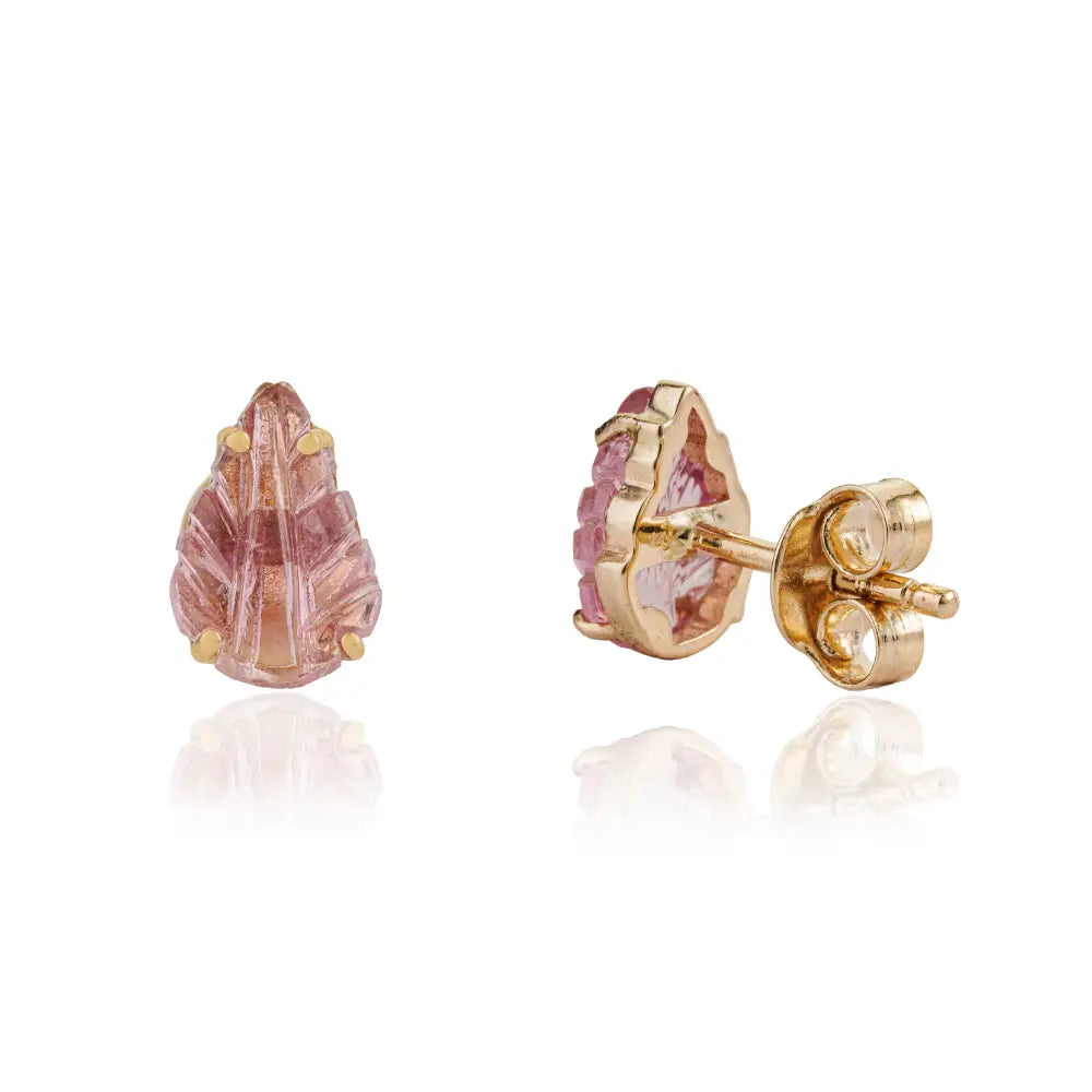 Prong Set Pink Tourmaline Handmade Carving Leaf Shape Stud Earrings 14K Yellow Gold