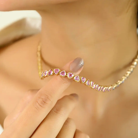 Rainbow Heart Shape Multi Sapphire Bezel Set 14K Solid Gold Tennis Necklace For Women