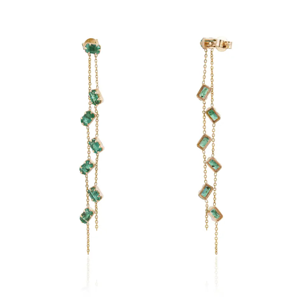 Pinion Bezel Set Emerald 14K Real Yellow Gold Double Link Chain Long Dangle Earrings