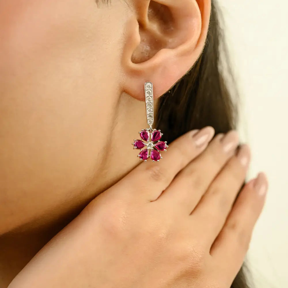 Pear Shape Ruby & Diamond Flower Design Drop Women Earrings 18K White Gold Jewelry