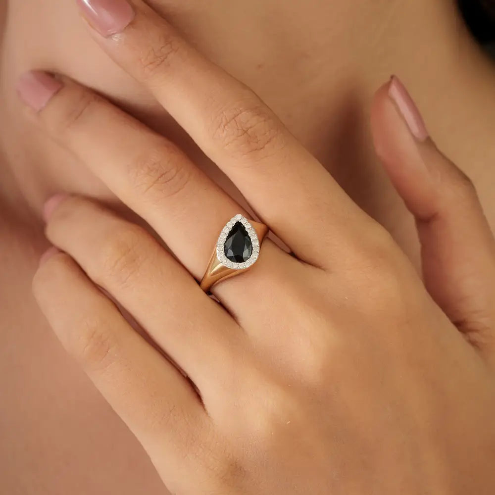 Customized Gemstone Blue Sapphire & Diamond Halo Chunky Signet Ring 14K Yellow Gold