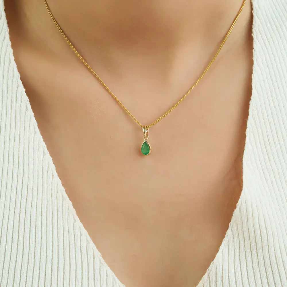 Bezel Set Zambian Emerald Gemstone Pure 14K Yellow Gold Fine Minimal Pendant For Unisex
