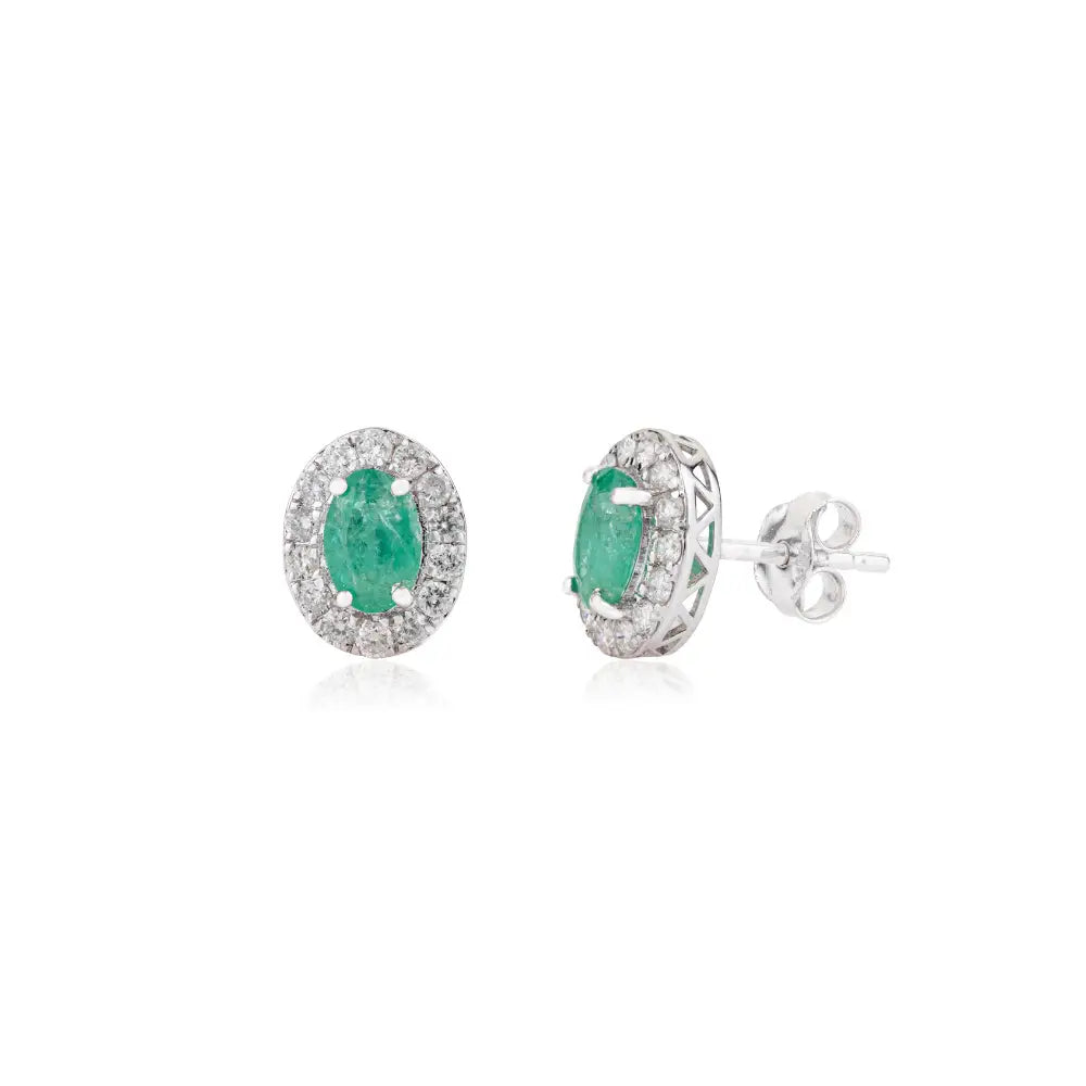 Oval Shape Emerald & Round Cut Diamond Halo Stud Earrings Minimal 14K White Gold Jewelry