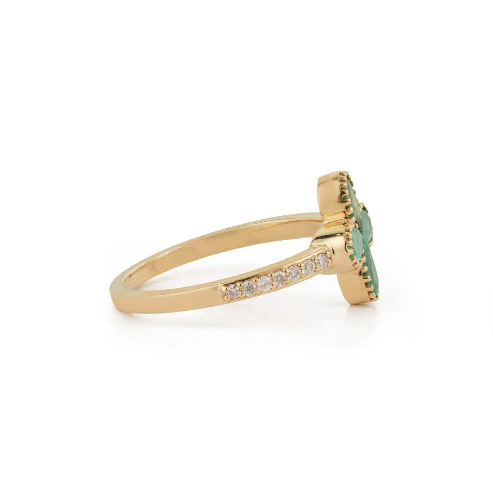 Latest Design 14K Pure Yellow Gold Emerald & Diamond Four Leaf Clover Ring Stack Jewelry