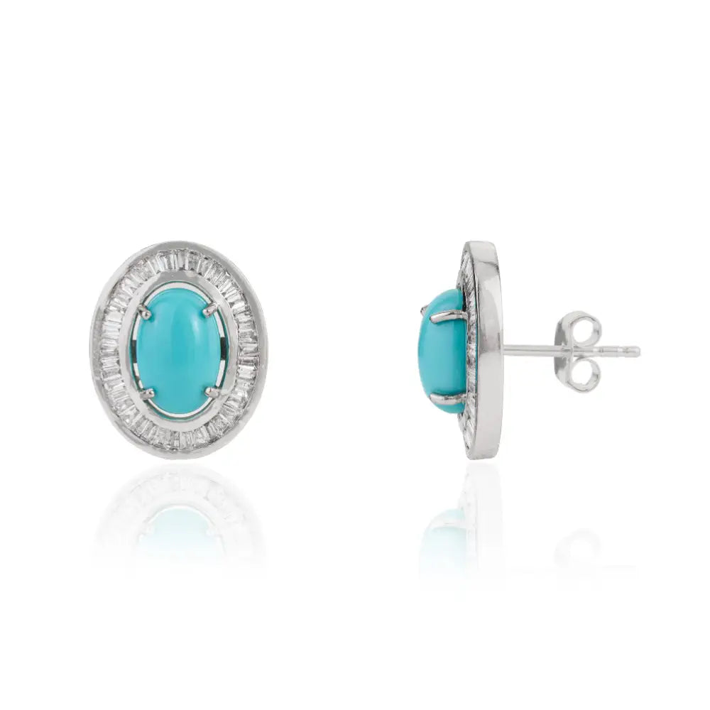 Best Selling 9x6mm Oval Cut Turquoise & Diamond Halo Stud Earrings 14K White Gold Jewelry