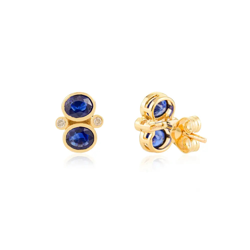 Bezel Set Blue Sapphire & Diamond K18 Yellow Gold Minimal Stud Earrings Custom Jewelry