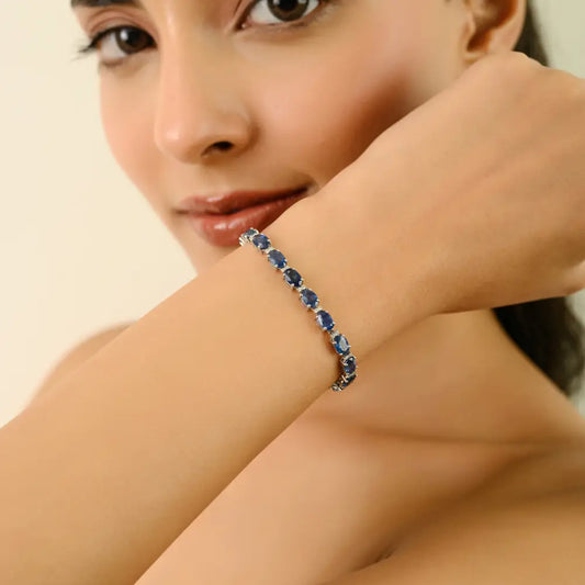 Birthstone Natural Blue Sapphire & Diamond Tennis Bracelet Elegant 14K Solid Gold Jewelry