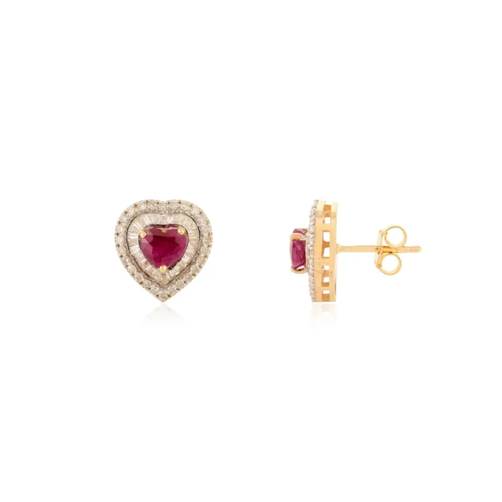 Heart Shape Ruby & Diamond Solid K14 Yellow Gold Double Cluster Stud Earrings For Women