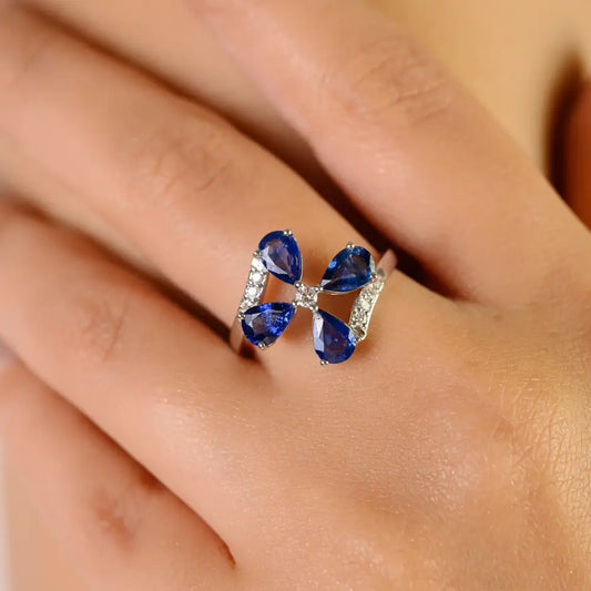 Unique Design 14K Real White Gold Blue Sapphire & Diamond Fine Flower Ring For Wedding
