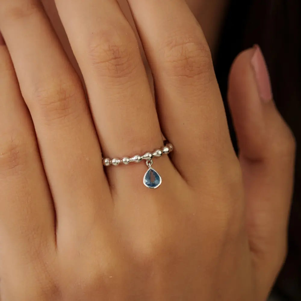 Real Blue Sapphire Gemstone Beaded Band Charm Ring Elegant 14K White Gold Bulk Jewelry
