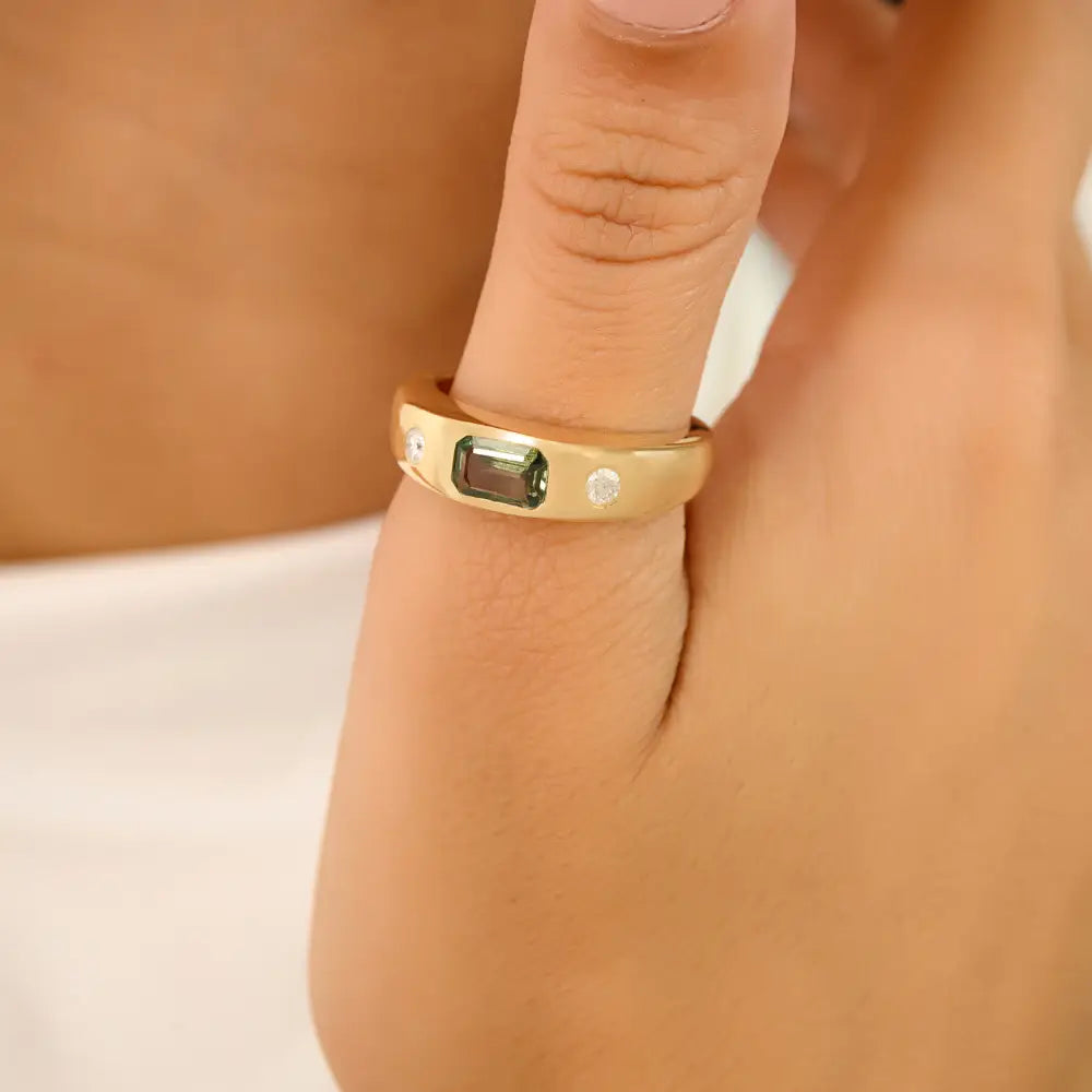 6X4 MM Green Sapphire & Round Diamond Real K14 Yellow Gold Customized Gypsy Chunky Ring