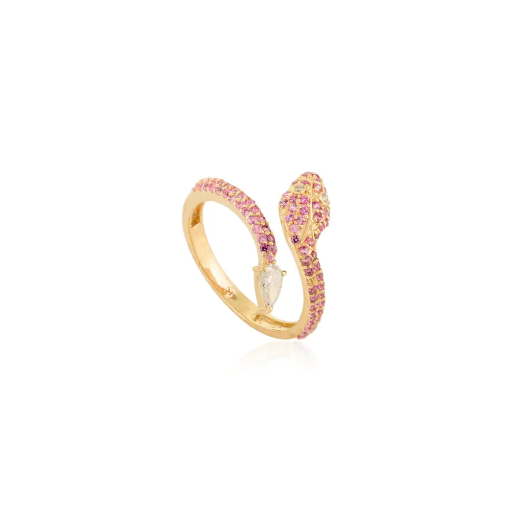 Unique Design Pink Sapphire & Diamond Snake Ring Animal Jewelry 14K Solid Yellow Gold