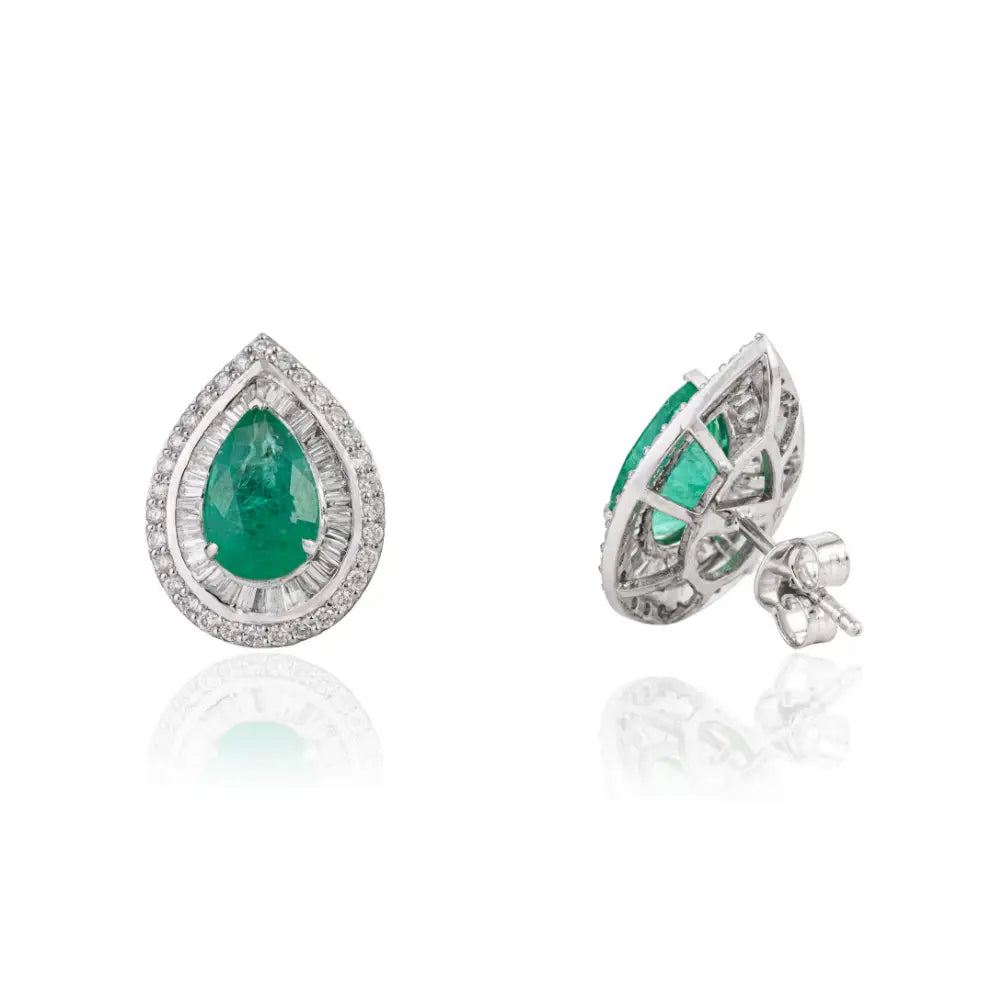 Real 18K White Gold Zambian Emerald & Diamond Pear Shape Double Cluster Stud Earrings