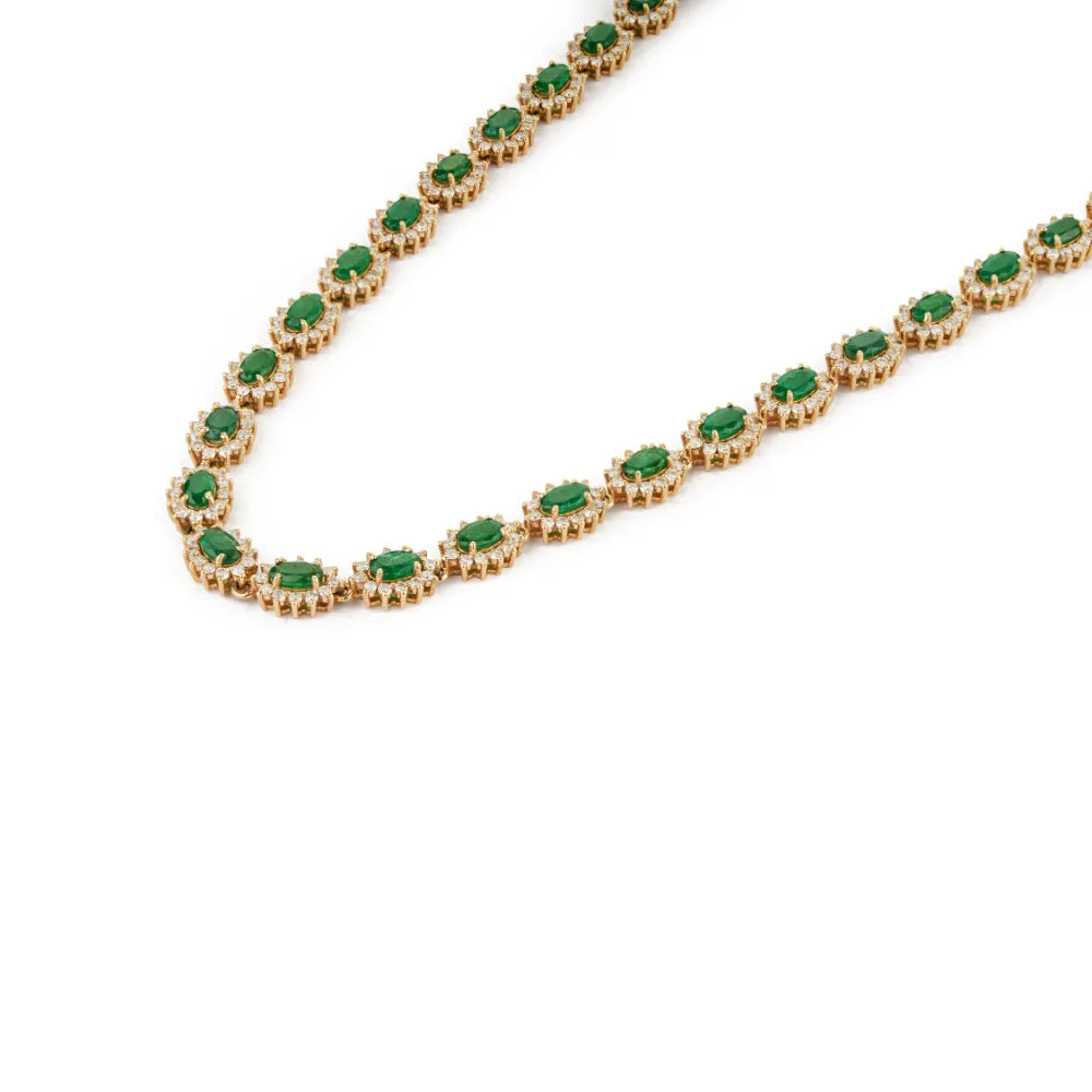9.88ct. Zambian Emerald & Diamond Pure K14 Yellow Gold Cluster Tennis Necklace May Birthstone Jewelry