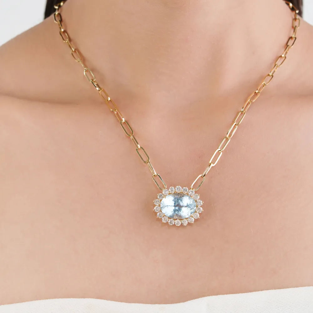 Oval Shape Aquamarine & Round Cut Diamond Bold Cluster Paperclip Chain Pendant Necklace 14K Yellow Gold