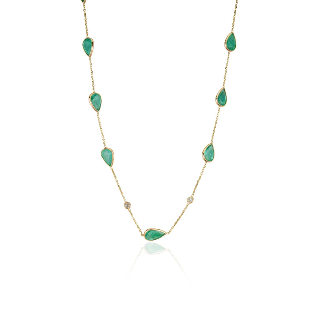 Pear Shape Emerald & Round Cut Diamond Simple Station Chain Necklace For Women's 14K Yellow Gold