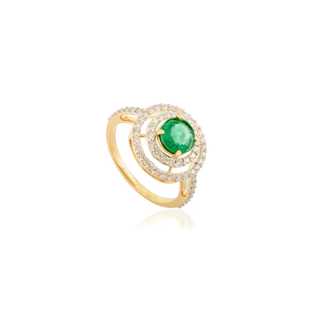 Round Cut Emerald & Diamond Double Cluster Engagement Ring Pure K18 Yellow Gold Jewelry
