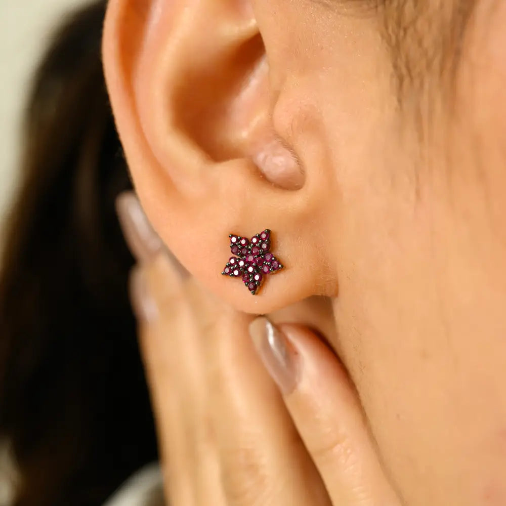 Premium Quality Round Cut Ruby Solid 14K White Gold Star Shape Stud Earrings Fine Jewelry