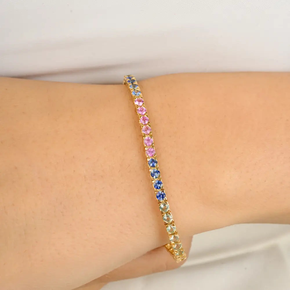 Channel Set Rainbow Multi Sapphire Everyday Tennis Bracelet Real K18 Yellow Gold Fine Jewelry