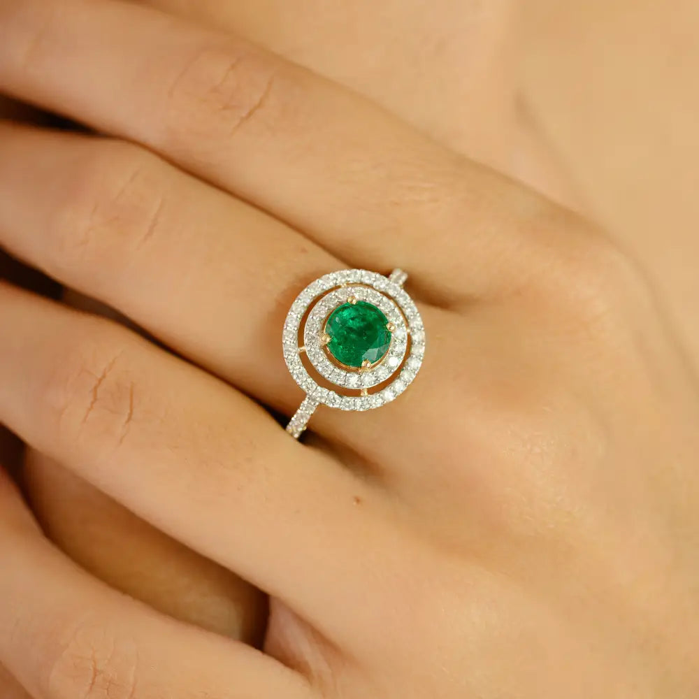 Round Cut Emerald & Diamond Double Cluster Engagement Ring Pure K18 Yellow Gold Jewelry