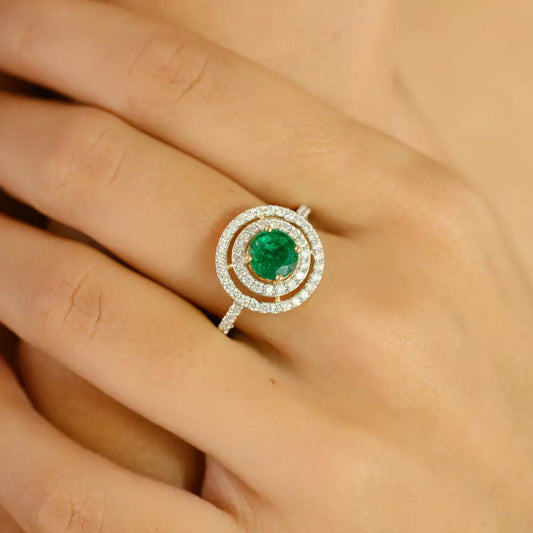 Round Cut Emerald & Diamond Double Cluster Engagement Ring Pure K18 Yellow Gold Jewelry