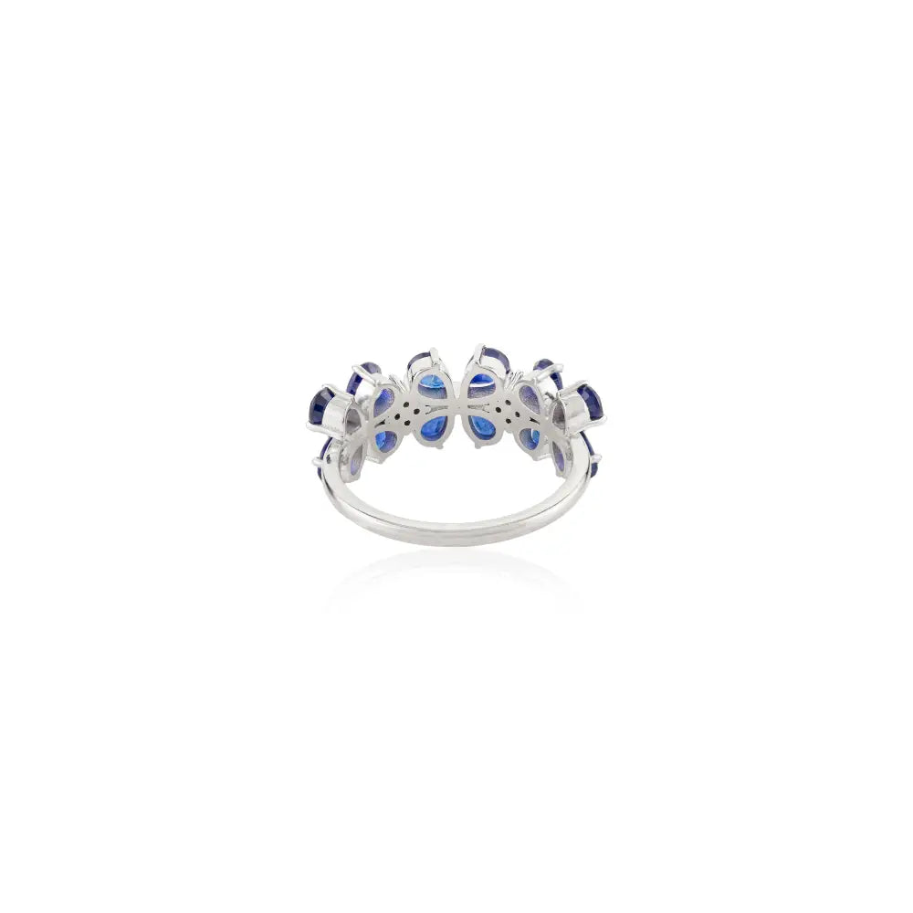 Stunning Blue Sapphire & Diamond Triple Flower Statement Ring Wedding Jewelry 14K White Gold