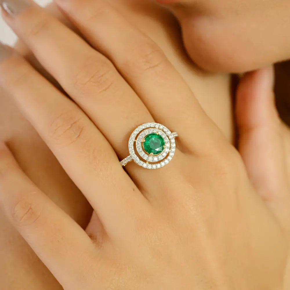 Round Cut Emerald & Diamond Double Cluster Engagement Ring Pure K18 Yellow Gold Jewelry