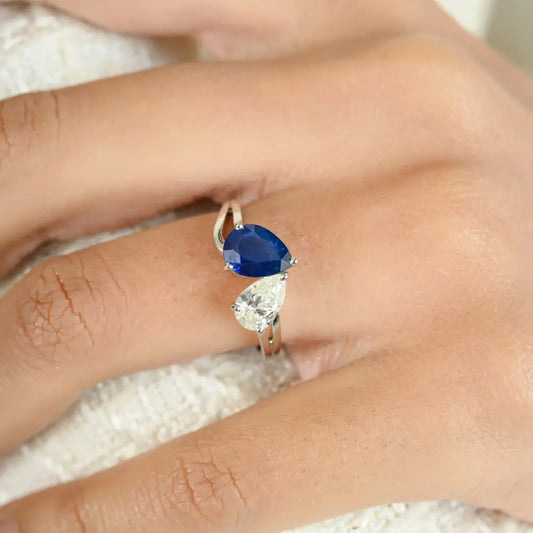 Blue Sapphire & Diamond Toi et Moi Two Stone Split Shank Ring Unique Design Jewelry
