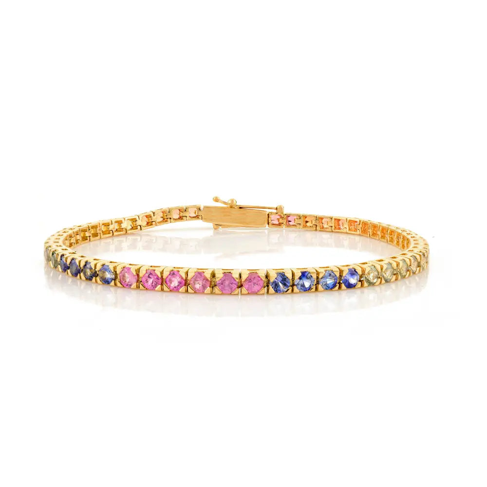 Channel Set Rainbow Multi Sapphire Everyday Tennis Bracelet Real K18 Yellow Gold Fine Jewelry