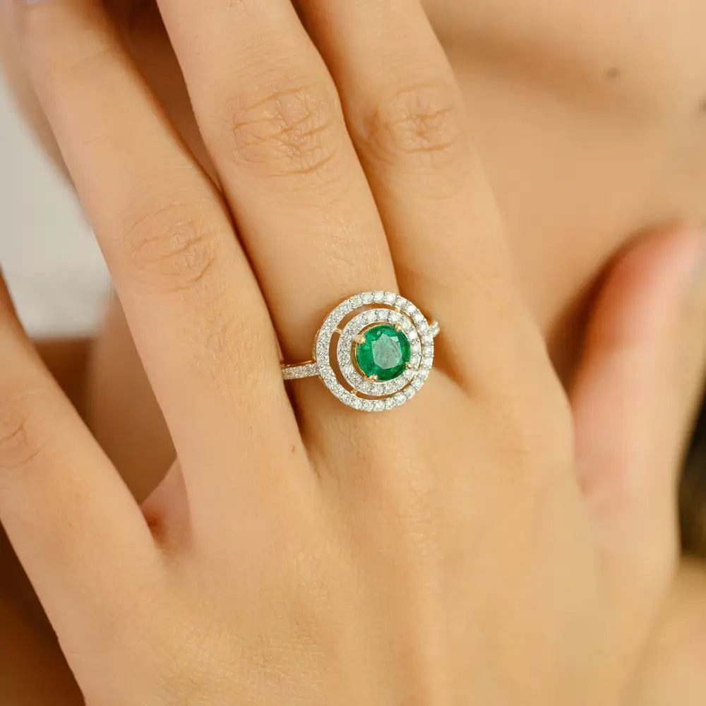 Round Cut Emerald & Diamond Double Cluster Engagement Ring Pure K18 Yellow Gold Jewelry