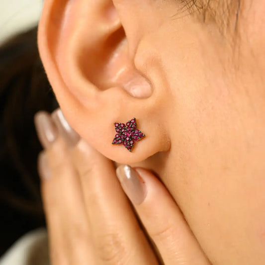 Premium Quality Round Cut Ruby Solid 14K White Gold Star Shape Stud Earrings Fine Jewelry