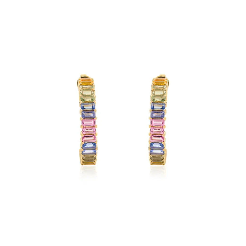 Fine 14K Yellow Gold Rainbow Colorful Multi Sapphire C Shape Hoop Earrings Party Wear Jewelry
